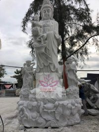 White Marble Kwan Yin Sculpture Sitting on Lotus with baby