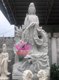 White Marble Kwan Yin Sculpture Sitting on Dragon